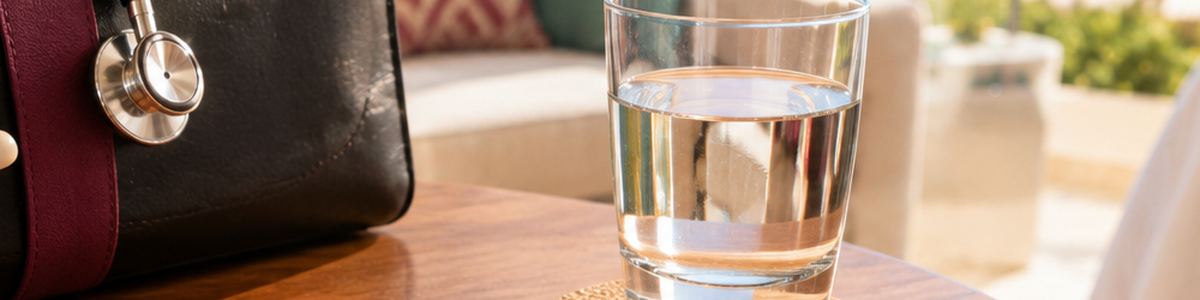 Smartphone and a glass of water on a table in a hotel room